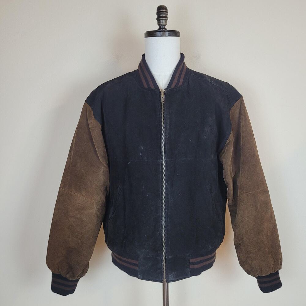 Free Country Jacket Mens Large Black Brown Leather Bomber Suede Zip Color Block